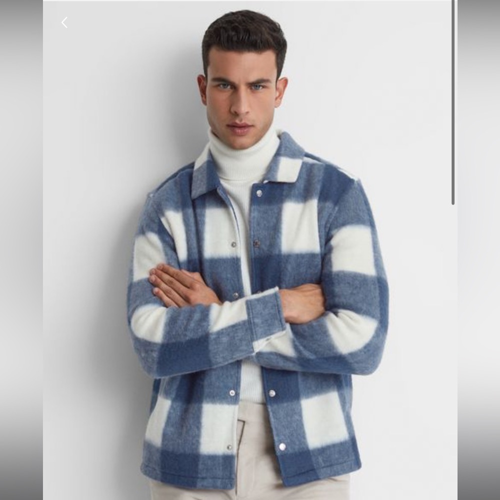 Reiss “Scott brushed check over shirt” blue and white plaid jacket